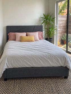 Queen Bed Platform - Bed Frame, Headboard and Slats. Geometric Tufted Modern design