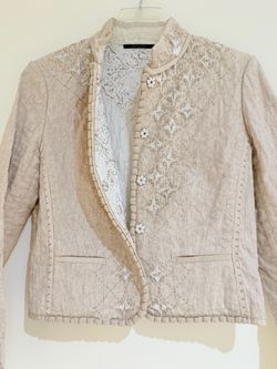 Elie Tahari Cream Quilted Embroidered Blazer, Size XS