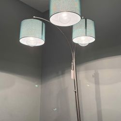 84” Metal Floor Lamp With Three Lights And blue Linen Shades