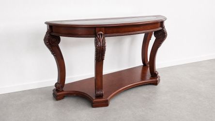 Stunning Carved Mahogany Demilune Console Table with Glass Top