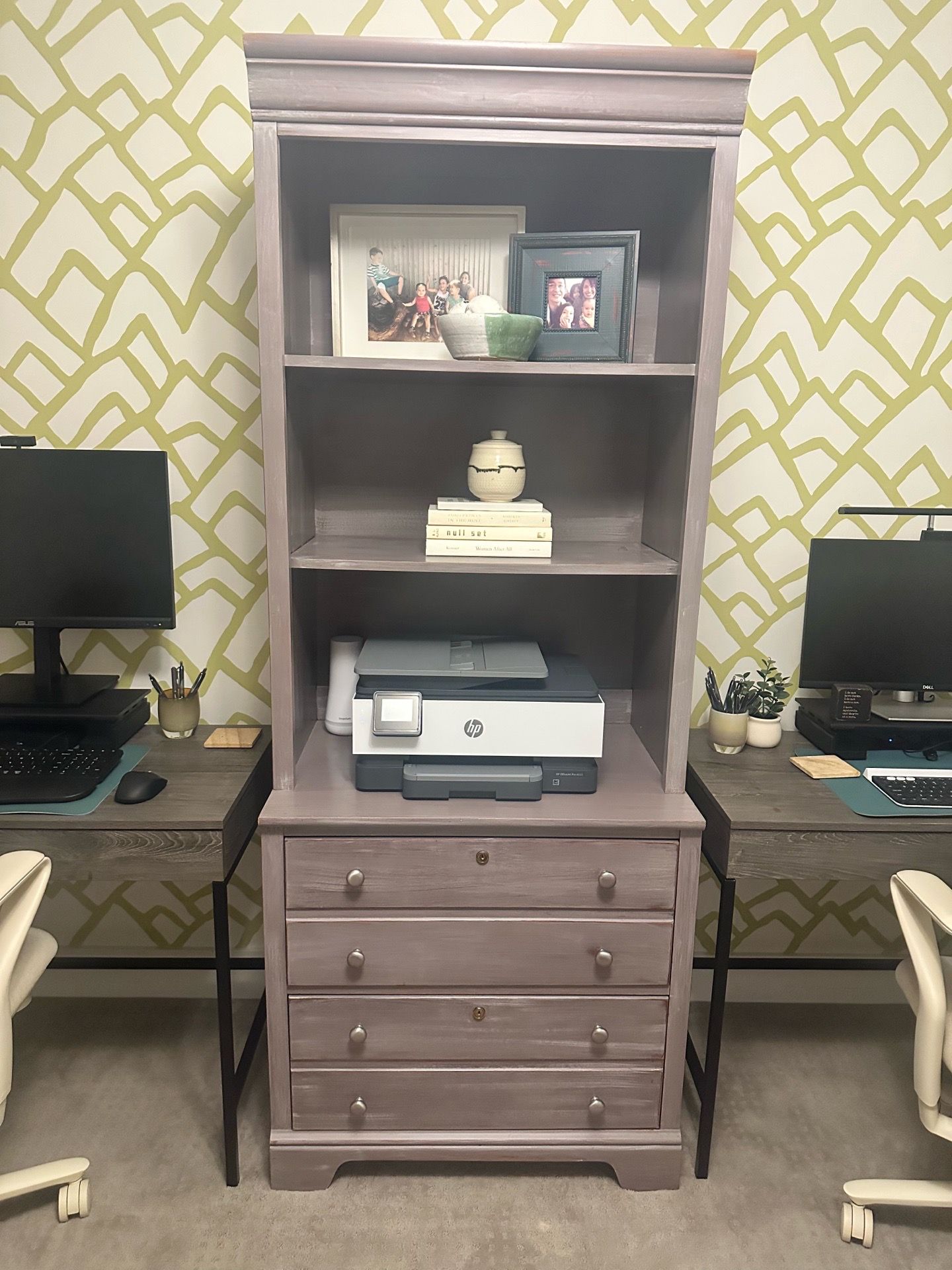 Solid Wood Bookcase with File Drawers – Rustic Painted Finish