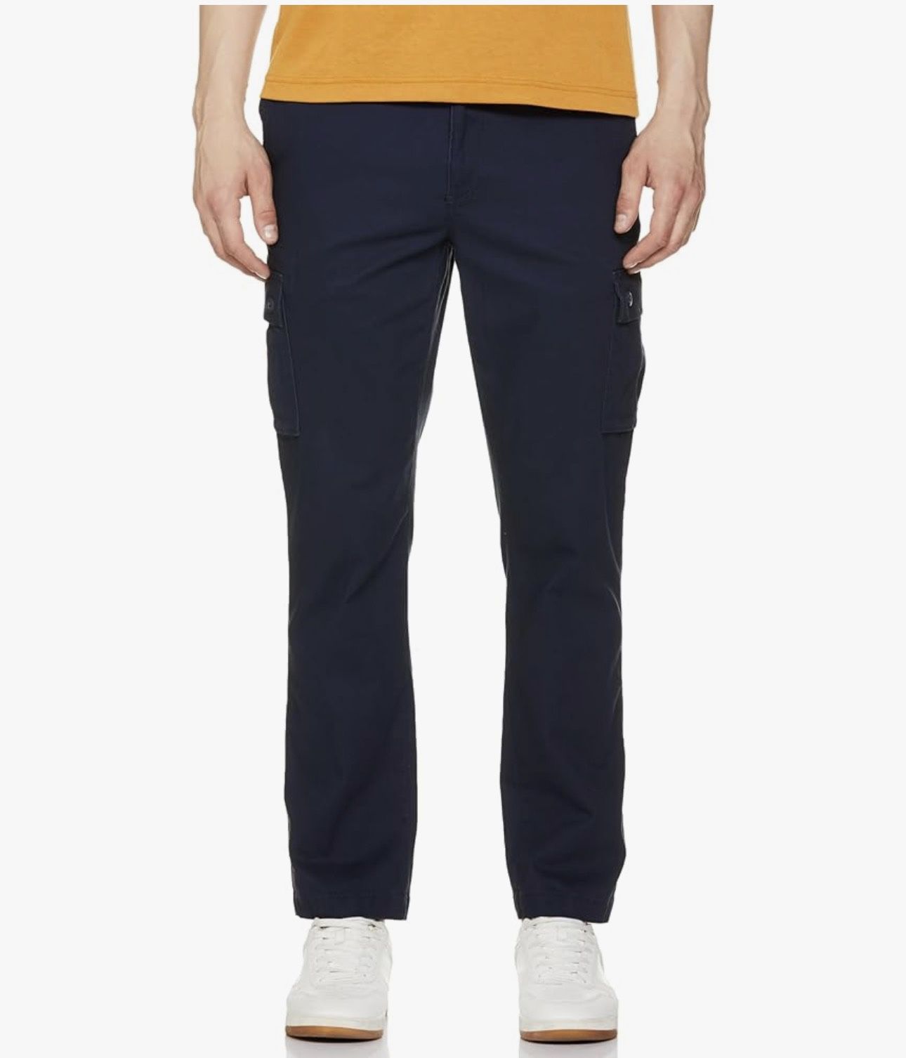 Amazon Essentials Men's Straight-Fit Stretch Cargo Pants in a navy blue cotton blend material