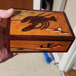 HANDMADE WOODEN BOX w/ LOBSTER, FISH and BEACH