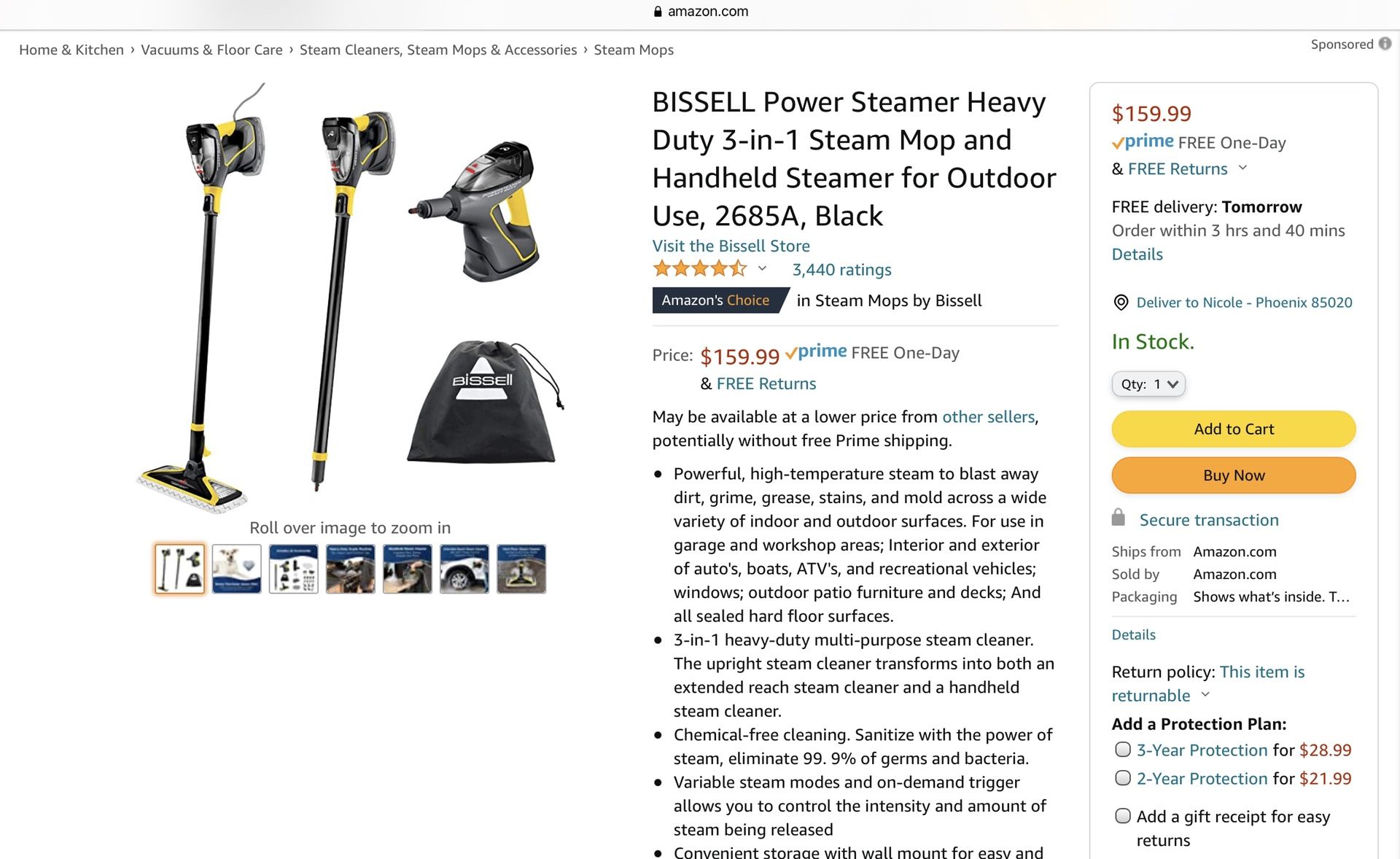 Bissell BISSELL Power Steamer Heavy Duty 3-in-1 Steam Mop and Handheld  Steamer for Outdoor Use, 2685A, Black