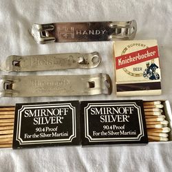 6 Vtg.1940s-70s Breweriana / Barware Collectibles Rheingold / Piels Can Openers Knockerbocker Matchbook Advertising