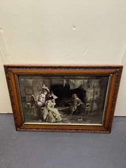Old Antique Lithograph In Oak Frame (Mixing The Love Potion)