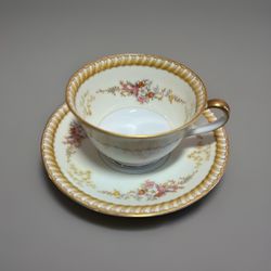 Vintage Noritake Farney Teacup & Saucer Floral Gold Trim Japan Porcelain 1930s”