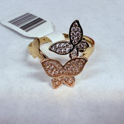 14K 3-Tone Gold & CZs Butterfly Ring