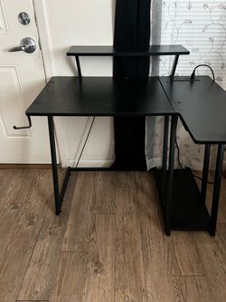 Black L-Shaped Gaming Desk with Monitor Shelf