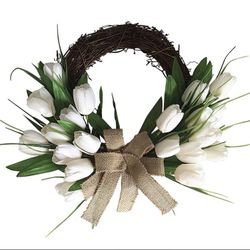 WHITE TULIP w/ BURLAP BOW SIMPLE RUSTIC FARMHOUSE FARM DOOR WREATH WALL ART 