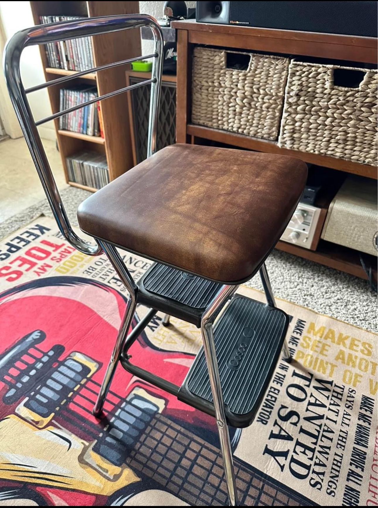 Vintage COSCO Kitchen Step Chair Stool With Flip Up Seat Chrome & Brown