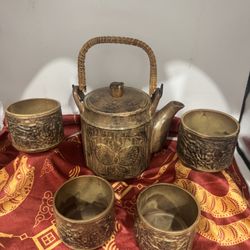 VTG Japanese-made Stoneware Teapot & 4 Teacups W/Wicker Handle Mid 20th Century