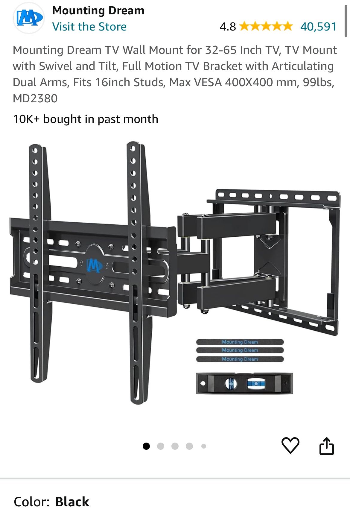 Mounting Dream TV Wall Mount for 32-65 Inch TV, TV Mount with Swivel and Tilt, Full Motion TV Bracket with Articulating Dual Arms, Fits 16inch Studs, 