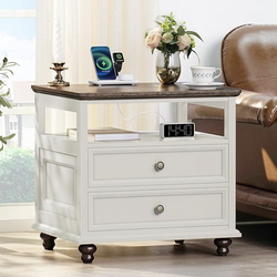 White Farmhouse Nightstand with Charging Station