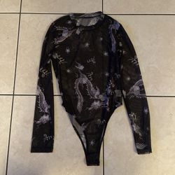 Bodysuit Long Sleeve Brown Black With Nice Designs. Womens Medium