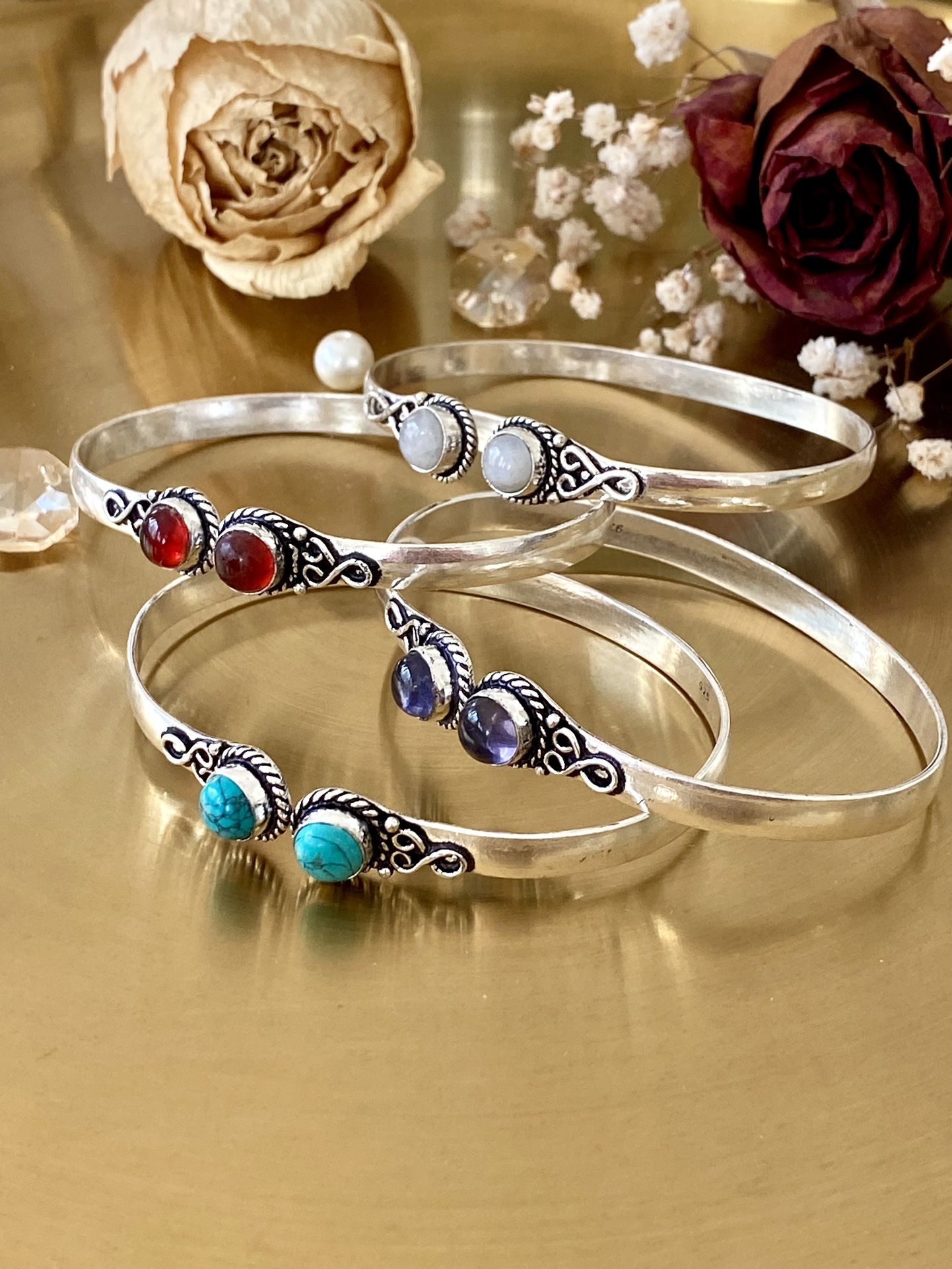 CHRISTMAS SPECIAL rainbow moonstone, Garnet,Turquoise & Amethyst 925 sterling Silver Overlay Bangles