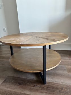 LEEMTORIG 33.5” Round Wood Coffee Table – 2-Tier – Mid-Century Modern