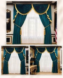 3 Luxury Royal Teal & Gold Curtain Sets with Curtain Rods – Turkish Style