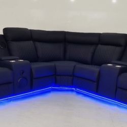 BLACK LEATHER RECLINER SECTIONAL W/ LED’s & BLUETOOTH SPEAKERS