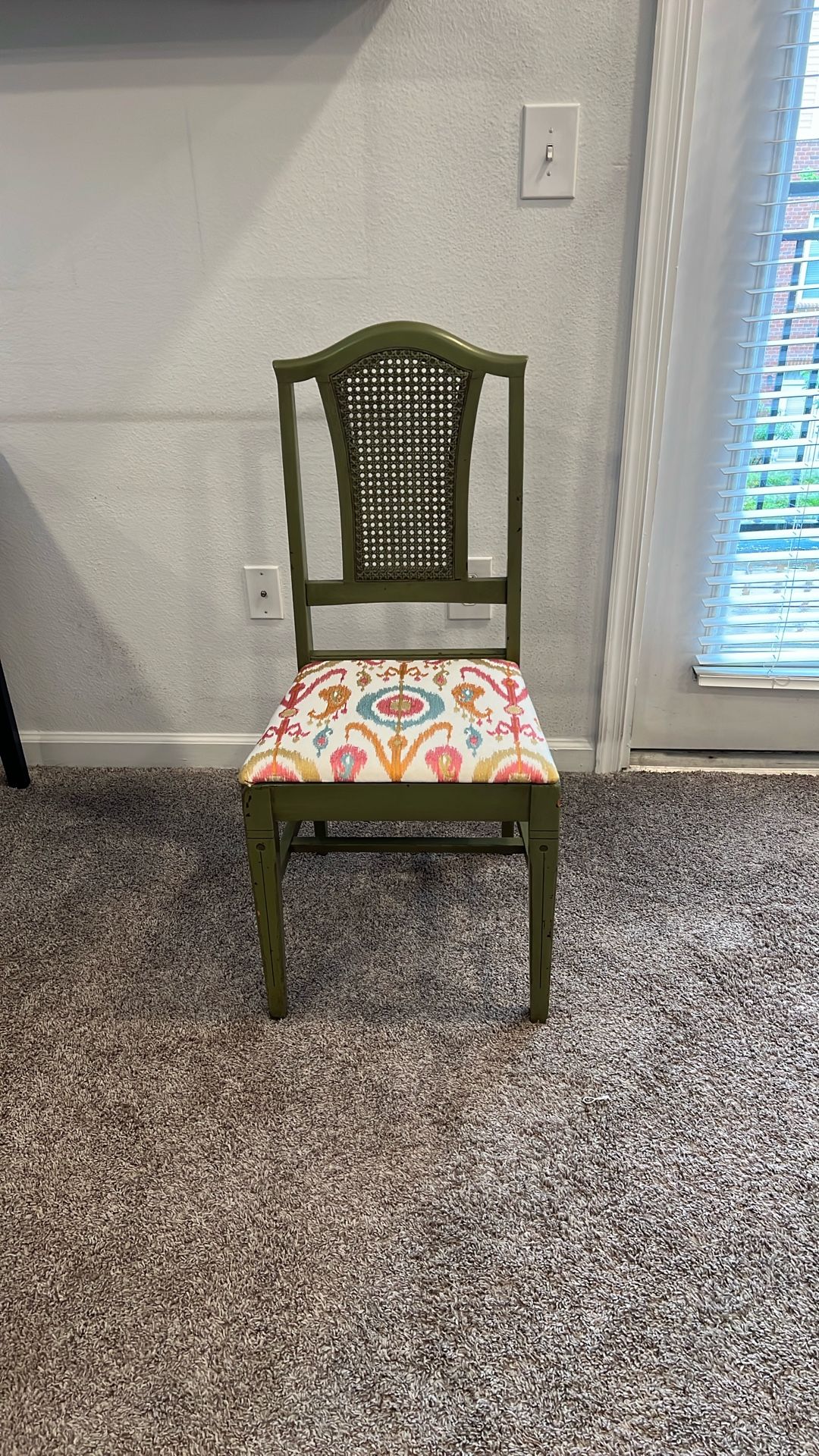 Vintage Olive Green Side Chair w/ Colorful Ikat Fabric