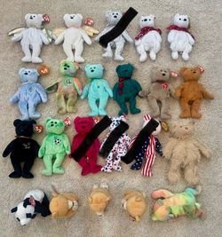 Ty Beanie Babies, new w/ tags, $1. Holy Bears (military), new w/ tags, $1. IKEA Nalle bear, new, $8