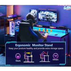 AODK 59 Inch Gaming Desk with USB Charging Ports & LED Light- Reversible Computer Desk with Storage Shelves & Monitor Stand, Modern Gamer Desk Table w