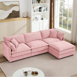 Pink Sectional Modular Sofa Cloud Couch, 105" Modern Convertible L-Shape Sofa Deep 3-Seater Soft Chenille Comfy Upholstered with Removeable Ottoman Se