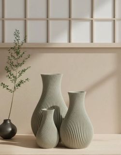 Modern Fluted Vase Set – Elegant Sage Green (Set of 3)
