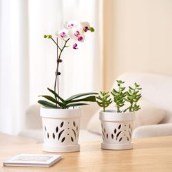 Set of 2 Ceramic Pot with Hole and Tray Breathable Slotted Size 5" 6" New Condition 