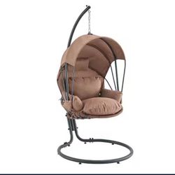 Black Plastic Patio Swing Hanging Egg Steel Swing Chair with UV Resistant Brown Polyester Fabric Canopy Cover 93911 barton