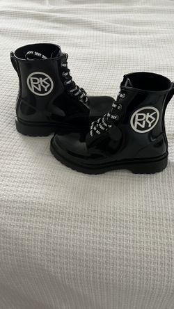 DKNY Tilly Black Patent Waterproof Monogrammed Platform Combat Boots