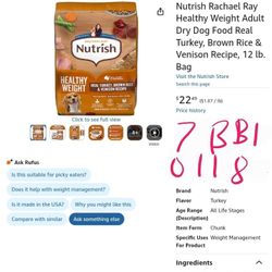 Nutrish Rachael Ray Healthy Weight Adult Dry Dog Food Real Turkey, Brown Rice & Venison Recipe, 12 lb. Bag