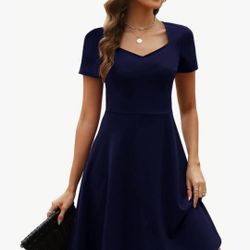 Women's Elegant Vintage Summer Sweetheart Neck Short Sleeve Casual Work Party Business A-Line Dress 163