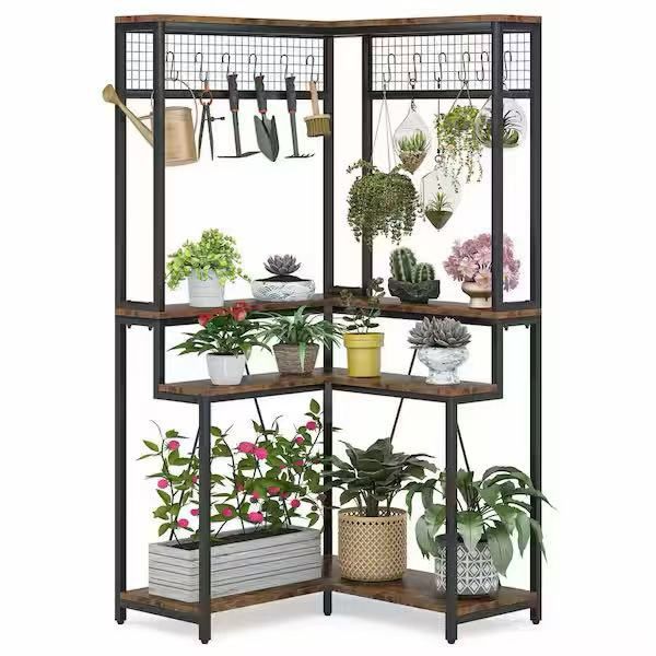 4-Tier Wood Corner Plant Stand 15 S-Shaped Hanging Hooks Potted Organizer Rack Tall Shelving Holder $100