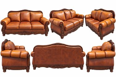Traditional Leather Sofa with Carved Wood Frame