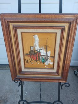 Small original vintage framed ships boats in harbor oil on canvas painting signed Buchet