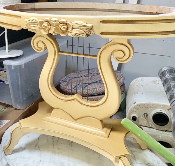 Vintage Victorian Painted Marble Top Lyre Harp Base Console Hall Entry