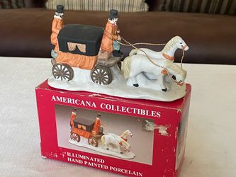 1990 Americana Collectibles hand-painted porcelain Christmas village horse carriage figurine set. 6” in length