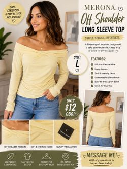 Butter Yellow Off-the-Shoulder Long Sleeve Top – Women’s Large | Soft & Trendy