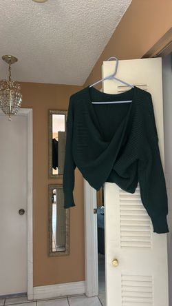 Dark Green Wrap Knit Cropped Sweater