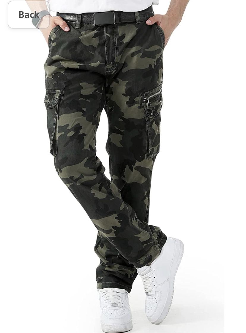 RAREBONE Men’s Camo Cargo Pants 100% Cotton Tactical Military Sweatpants Outdoor Work Straight Legged Trousers with 6 Pockets Size 36