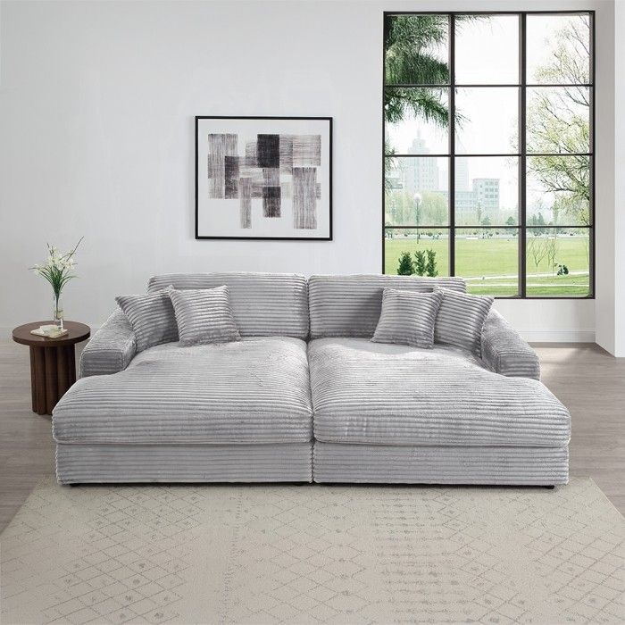 Brand New Light Grey Super Plush Corduroy Double Chaise Sofa (Pillows Included)