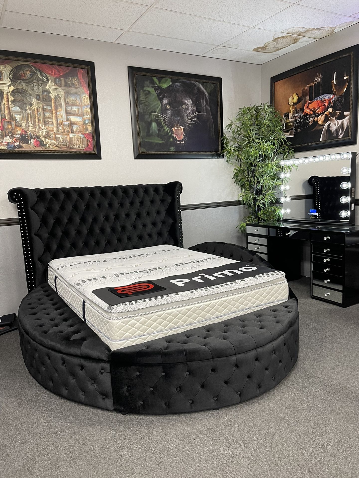 Black Round Velvet Bed Frame w/ Side Storage