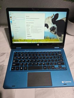 Blue Gateway laptop 2 in 1 has an Intel Celeron N4020 CPU at 1.10GHz and 4GB of RAM. This device is a 2-in-1 convertible model with a 10-point touch s
