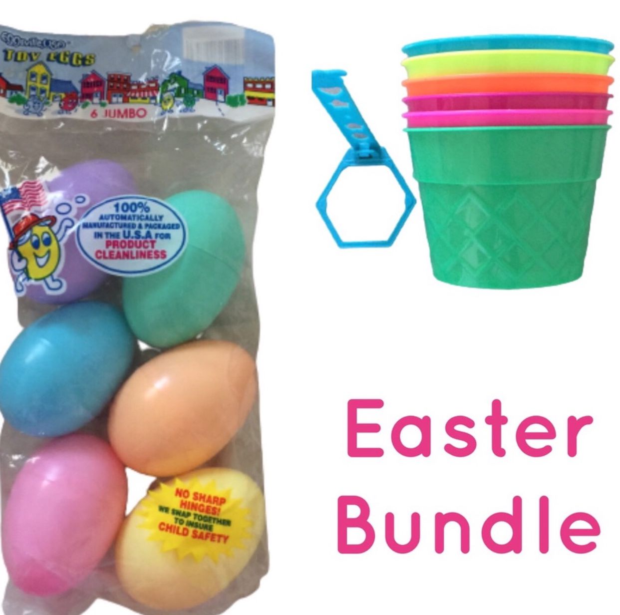 NWOT Set of Six Easter Egg Coloring Cups & Dipper and Package of Six Jumbo Plastic Toy Eggs