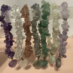 Message Me OBO Amethyst, Clear Quartz, Strawberry Quartz( Pink And Geeen) Labradorite, Green Moonstone And Purple Jade Chips Bracelet With Heart.