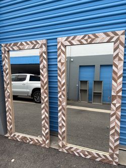 Pair of Floor Mirrors with Chevron Wood Frames