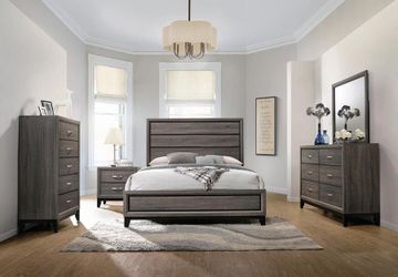 4PC QUEEN BEDROOM SET: QUEEN BED FRAME, DRESSER, MIRROR, NIGHTSTAND-- GREY OAK/BLACK