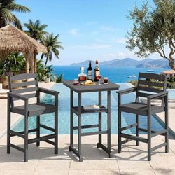 SERWALL Tall Adirondack Chairs and Table 3 Pieces Set, Adirondack Bar Height Chairs Set of 2 and Bar Table, Outdoor Barstools Set for Balcony, Poolsid