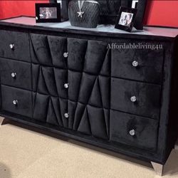 Black Velvet Dresser W/ Acrylic Crystal Knobs Brand New In Box 